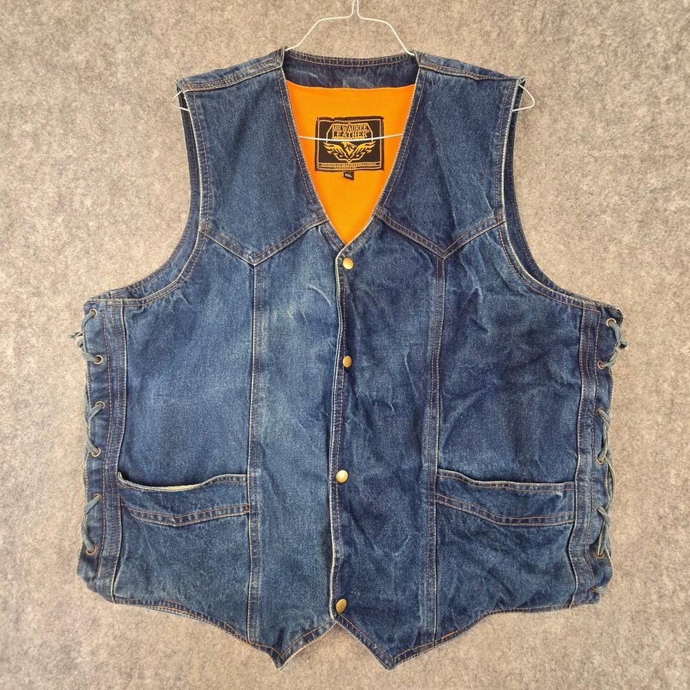 Milwaukee Leather Biker Vest Men 3XL Blue Side Lace Concealed Carry Denim